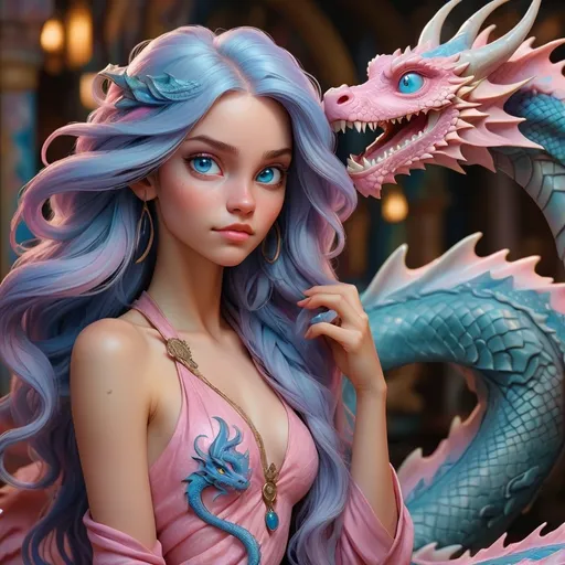 Prompt: A highly detailed fantasy illustration by Ciruelo Cabral, featuring a young woman with long, silky blue hair leaning gracefully against a pastel pink dragon. The dragon's skin is adorned with intertwined hues, and it has glossy blue eyes. The background is filled with vibrant, colorful particles, creating a magical atmosphere. Art in the style of Ciruelo Cabral, 8K resolution, highly detailed