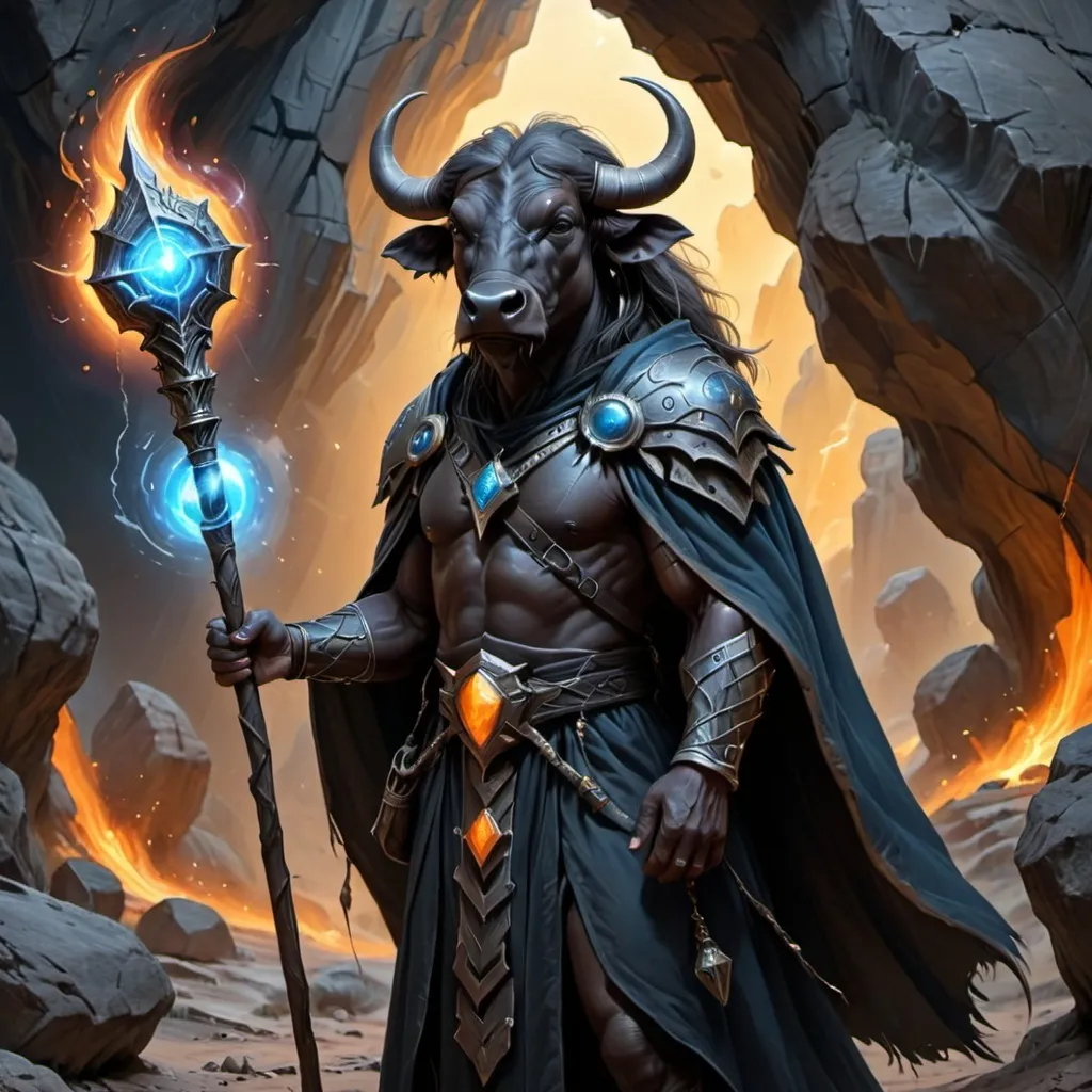 Prompt: Raged Cape Buffalo Wizard wearing black, silver, and blue robes. He has light wizard tattoos on his body, has a satchel with spells and holds a magic staff. He is standing outside a cave at dusk with a setting orange sun and partial clouds