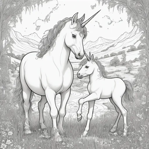 Prompt: black and white, coloring book page, unicorn, foal eating grass, a wayana girl
is near, intricate line art, delicate fine lines, smooth contours, whimsical design, enchanting atmosphere, playful spirit, nature backdrop, soft curves, engaging shapes, detailed yet simplistic illustration, artistic style, captivating scenes, imaginative representation, print-friendly design.