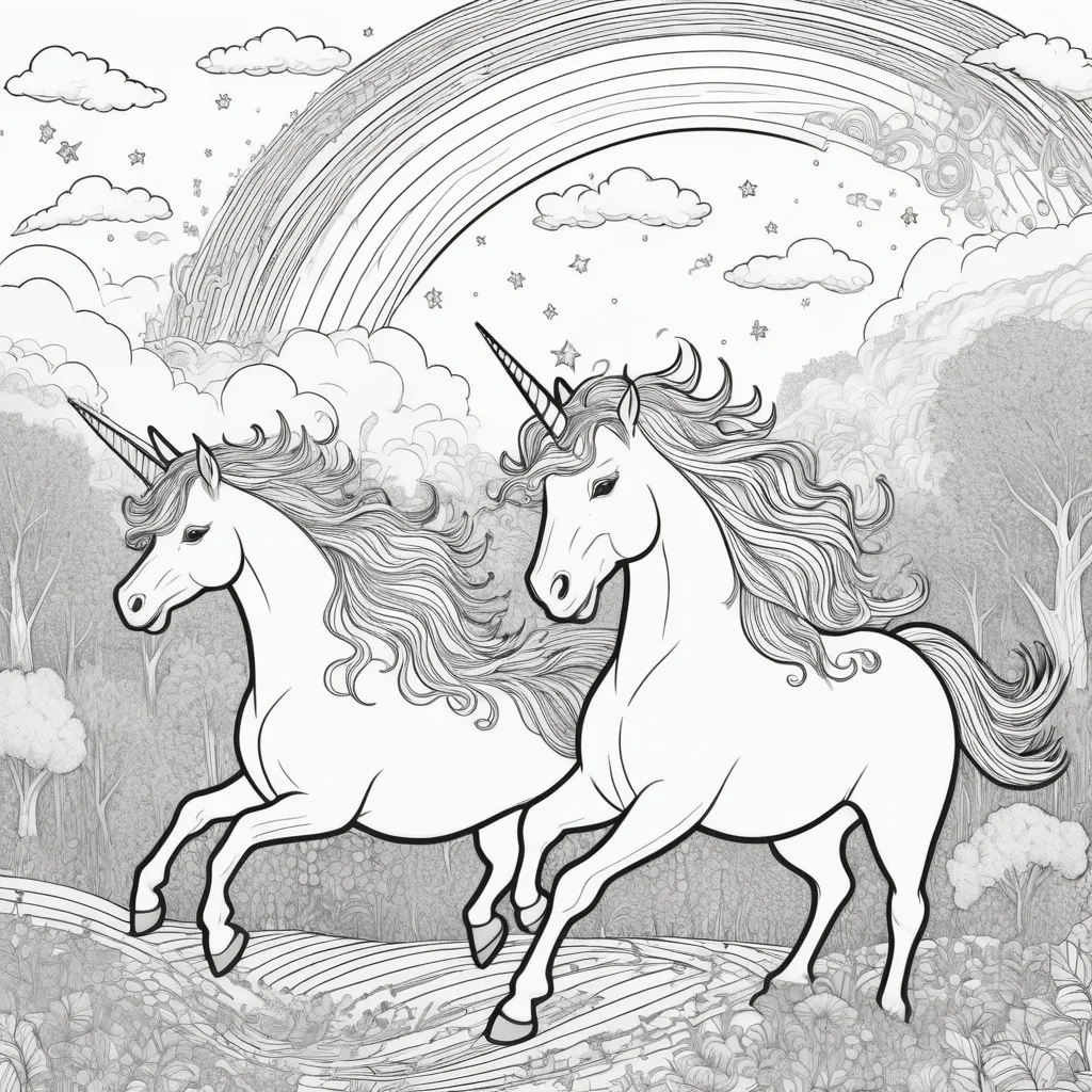 Prompt: black and white, coloring book page, unicorns, running, couds and rainbow,  intricate line art, delicate fine lines, smooth contours, whimsical design, enchanting atmosphere, playful spirit, nature backdrop, soft curves, engaging shapes, detailed yet simplistic illustration, artistic style, captivating scenes, imaginative representation, print-friendly design.