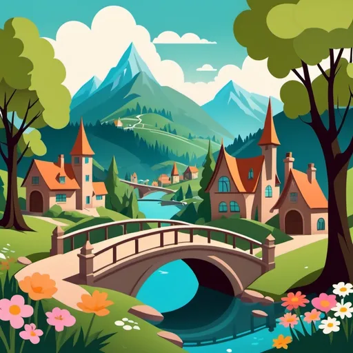 Prompt: I need a svg vector background of a fairytale landscape with bridges, houses flowers and trees, mountains and hills are possible