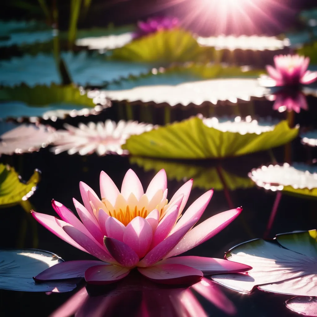 Prompt: Brightly lit, pink water lily in a pond with glistening sunlight rays shining on it