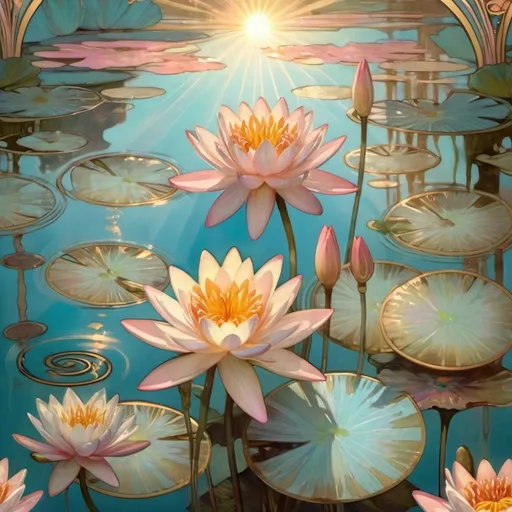 Prompt: Light blue and pink water lillies with gold sunlight rays in a pond with fish
