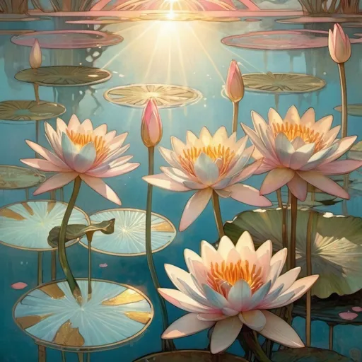 Prompt: Light blue and pink water lillies with gold sunlight rays in a pond with fish