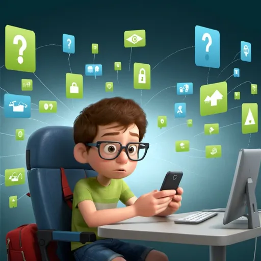 Prompt: a boy plaing on his mobile phone"Digital Safe Behavior."
online illustration of people using computers and smartphones
group with visible security measures such as strong passwords, encrypted websites (https)
and safety icons. Some people browse carefully, avoid scams and be careful with theirs
personal data. The scene should evoke a sense of responsibility, safety and awareness, and
a modern, friendly style using calm colors such as blue and green to symbolize safety
online".