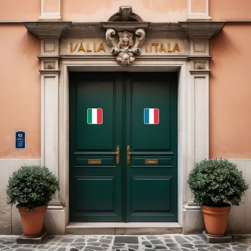 Prompt: Please create a picture with two doors, one that says Italy above it and one that says Croatia via Italy above it