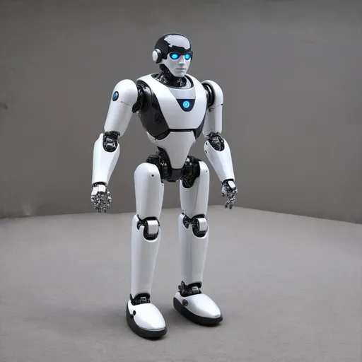 Prompt: Humanoid security robot, about 1m70, I want a rather curvilinear shape, a reassuring, soft look, in very smooth metal, with reassuring colours.