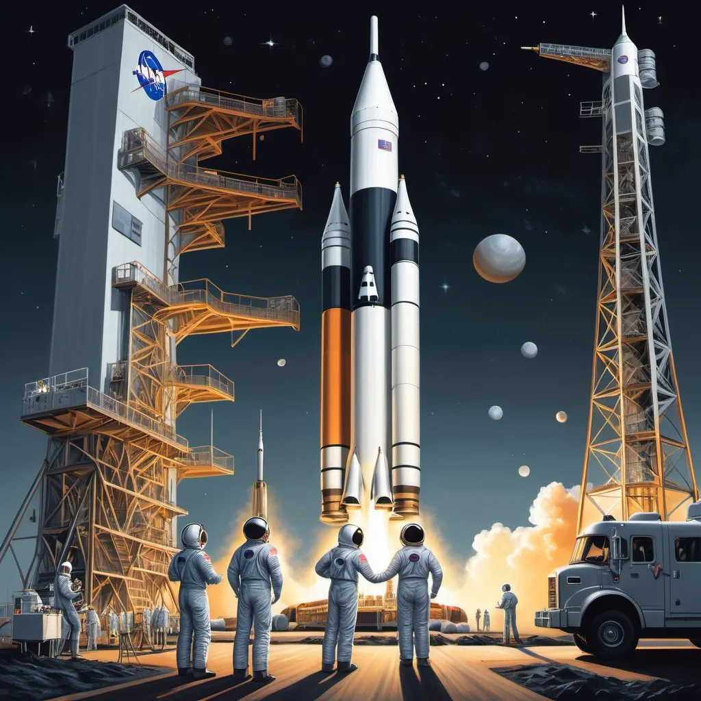 Prompt: "An illustration featuring astronauts preparing for launch at a NASA facility, with a towering Saturn V rocket in the background. The atmosphere captures the excitement and tension of the era, with engineers and scientists working diligently. The style is detailed and realistic, inspired by mid-century space exploration artwork. Ensure historical accuracy with no modern elements
