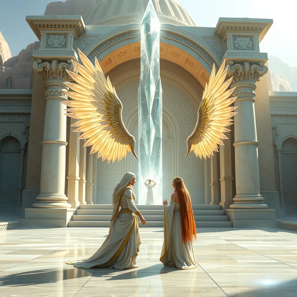 Prompt: Archangel Ramiel greets Empress Bria in a crystalline temple in ancient Persia 
