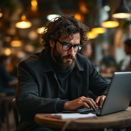Prompt: A medium-skinned, curly brown haired, with a medium length beard, long nosed investigative journalist that has a brown right eye and silver left eye that is clearly visible wearing glasses, is reading intently on his laptop in a coffee shop, 