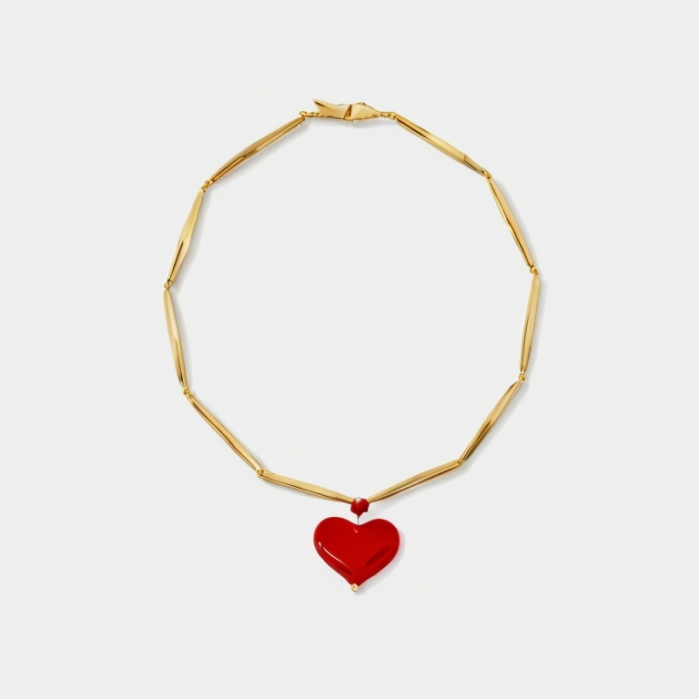Prompt: a heart shaped necklace with a gold chain and a red heart pendant on it's side, on a white background, Annabel Kidston, kitsch movement, jewelry, a flemish Baroque