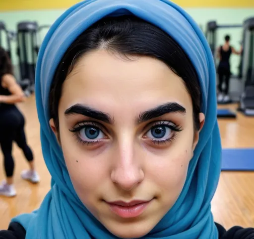 Prompt: عکس یک دختر ایرانی چشم ابرو مشکی شال آبی روی سرش در باشگاه ورزشی در حال سلفی گرفتن از خودش
