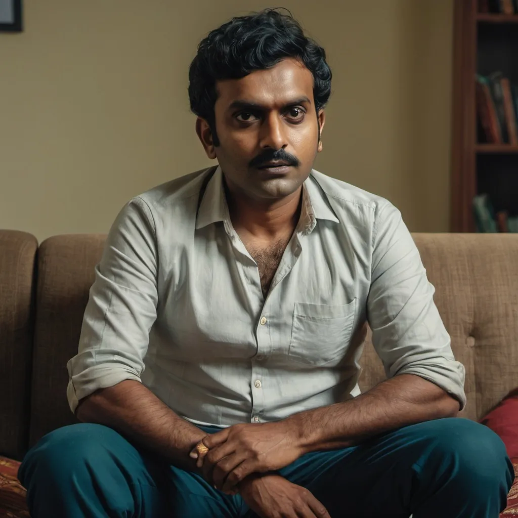 Prompt: a man sitting on a couch with his legs crossed and his shirt folded over his chest and his hand on his chest, Bikash Bhattacharjee, samikshavad, jayison devadas, a character portrait