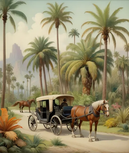 Prompt: a painting of a horse drawn carriage in a tropical landscape with palm trees and other plants and animals in the background, Charles Maurice Detmold, american scene painting, palm trees, a detailed matte painting