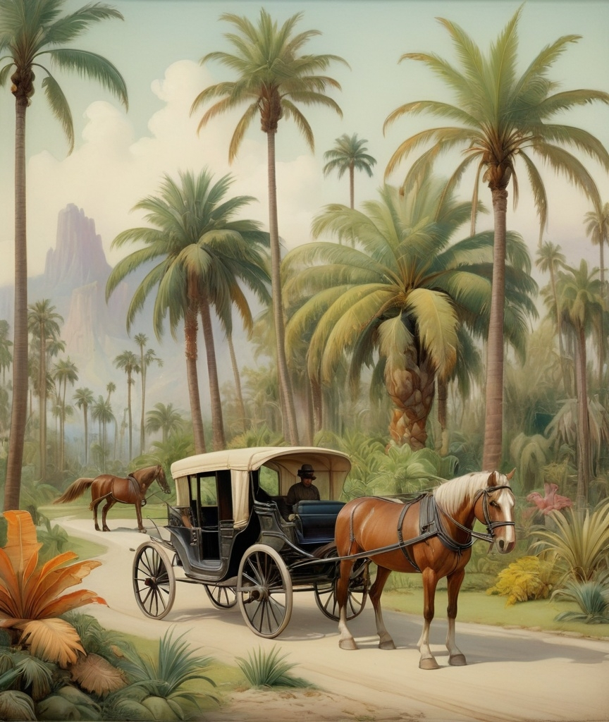 Prompt: a painting of a horse drawn carriage in a tropical landscape with palm trees and other plants and animals in the background, Charles Maurice Detmold, american scene painting, palm trees, a detailed matte painting