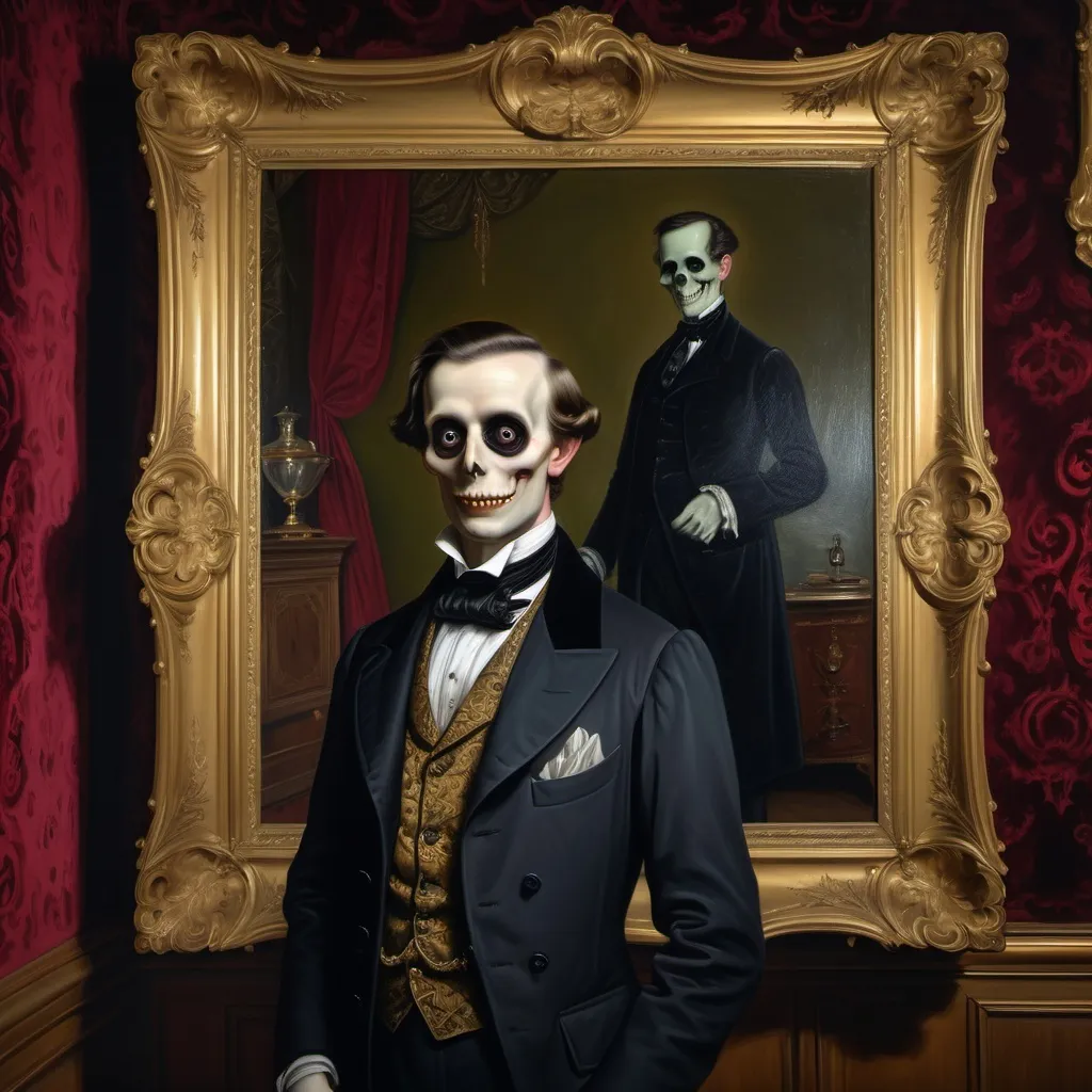 Prompt: "Years later, a painting hangs in the opulent gallery of a wealthy Victorian nobleman's mansion. The painting is of a gaunt, hollow-eyed man with a knowing, unsettling smile.  Elegant, gilded frames and rich velvet wallpaper surround it, contrasting with the painting's macabre subject.  Other wealthy Victorian figures are faintly visible in the background, admiring the art, oblivious to its dark origins.  Emphasize the juxtaposition of wealth and hidden horror."
