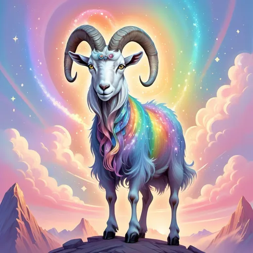 Prompt: A colossal, majestic goat with shimmering, iridescent fur glides gracefully across a vibrant, pastel-colored sky. Its hooves leave trails of sparkling stardust and rainbows, cascading like magical ribbons behind it. The goat's horns are adorned with glowing runes, and its eyes radiate an otherworldly light, brimming with determination.

Below, a massive D&D-style water serpent rises from a stormy ocean, its scales glistening with an eerie, aquatic glow. The serpent's jaws are wide open, revealing rows of sharp teeth, and its body coils menacingly as it prepares to strike.

In a dramatic, Sailor Moon-esque attack, the giant goat charges toward the serpent, its hooves glowing with radiant energy. A burst of magical sparkles and rainbows erupts from the impact, creating a dazzling explosion of light and color. The scene is framed by swirling clouds and a celestial backdrop, giving it an epic, fantastical feel.