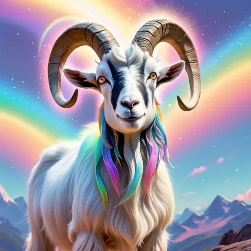 Prompt: A colossal, majestic goat with shimmering, iridescent fur glides gracefully across a vibrant, pastel-colored sky. Its hooves leave trails of sparkling stardust and rainbows, cascading like magical ribbons behind it. The goat's horns are adorned with glowing runes, and its eyes radiate an otherworldly light, brimming with determination.