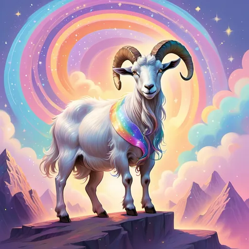 Prompt: A colossal, majestic goat with shimmering, iridescent fur glides gracefully across a vibrant, pastel-colored sky. Its hooves leave trails of sparkling stardust and rainbows, cascading like magical ribbons behind it. The goat's horns are adorned with glowing runes, and its eyes radiate an otherworldly light, brimming with determination.

Below, a massive D&D-style water serpent rises from a stormy ocean, its scales glistening with an eerie, aquatic glow. The serpent's jaws are wide open, revealing rows of sharp teeth, and its body coils menacingly as it prepares to strike.

In a dramatic, Sailor Moon-esque attack, the giant goat charges toward the serpent, its hooves glowing with radiant energy. A burst of magical sparkles and rainbows erupts from the impact, creating a dazzling explosion of light and color. The scene is framed by swirling clouds and a celestial backdrop, giving it an epic, fantastical feel.