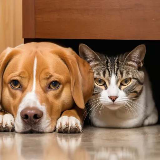 Prompt: Cat hiding behind dog