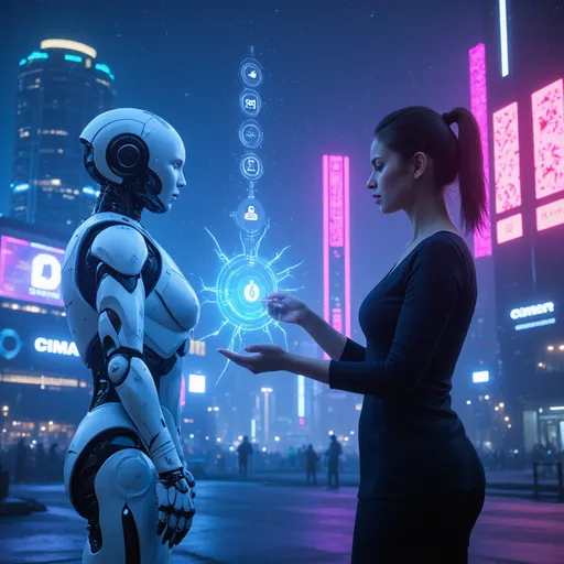 Prompt: "A vibrant futuristic city illuminated with neon blue and purple lights, symbolizing a high-tech AI-driven world. In the foreground, a sleek humanoid AI robot interacts with a holographic interface displaying automation workflows, smart contracts, and data analytics. Floating digital nodes and blockchain connections hover in the air, representing AI’s role in Web3. A modern business executive, assisted by an AI-powered virtual assistant, analyzes predictive data on a transparent screen. The entire scene radiates a sense of progress, innovation, and a bright technological future, inspiring excitement and possibilities for AI in 2025.
