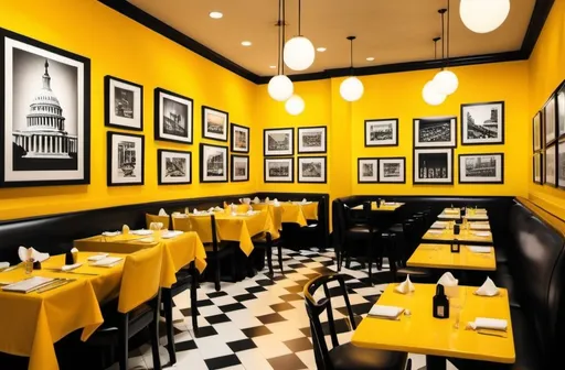 Prompt: A Washington DC restaurant where all of the pictures in the restaurant arepictures of food and DC landmarks.  The color them should be black, white and yellow bright sun yellow #fed33c