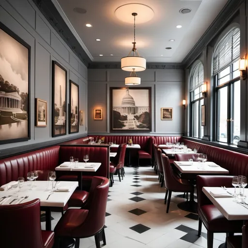 Prompt: create an image with the dimensions of 1920x1259 for a website listing Washington DC restaurants. Include any images that would make you recognize washington dc. Make the seating in the restaurant more modern. Make all of the pictures in the restaurant DC landmarks