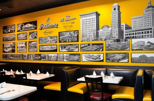 Prompt: A Baltimore, MD  restaurant where all of the pictures in the restaurant are pictures of food and Baltimore landmarks.  The color them should be black, white and yellow bright sun yellow #fed33c