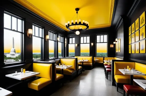 Prompt: A Washington DC restaurant where all of the pictures in the restaurant arepictures of food and DC landmarks.  The color them should be black, white and yellow bright sun yellow #fed33c