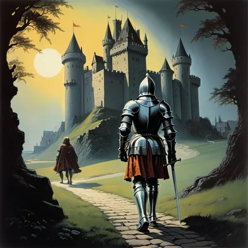 Prompt: 70s dark fantasy art, illustration of a knight walking to a castle