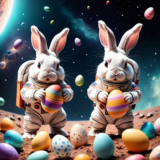 Prompt: Cute bunnies searching for Easter eggs in space
