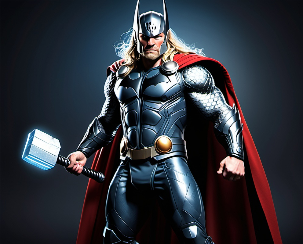 Prompt: Create an ultra-realistic, full-body image of a character fusion between Thor and Batman, displaying the character from head to toe. The fusion should blend the defining features and attire of both characters, showcasing a harmonious mix of costumes, colors, and attributes. Position the character in a confident stance, surrounded by an engaging background that reflects their combined essence. Ensure the lighting highlights the details of their outfit and expressions, capturing the cinematic feel of the character fusion
