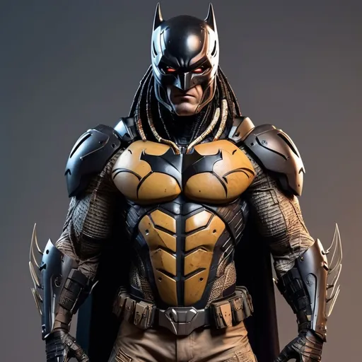 Prompt: Create an ultra-realistic, full-body image of a character fusion between The Predator and Batman, displaying the character from head to toe. The fusion should blend the defining features and attire of both characters, showcasing a harmonious mix of costumes, colors, and attributes. Position the character in a confident stance, surrounded by an engaging background that reflects their combined essence. Ensure the lighting highlights the details of their outfit and expressions, capturing the cinematic feel of the character fusion