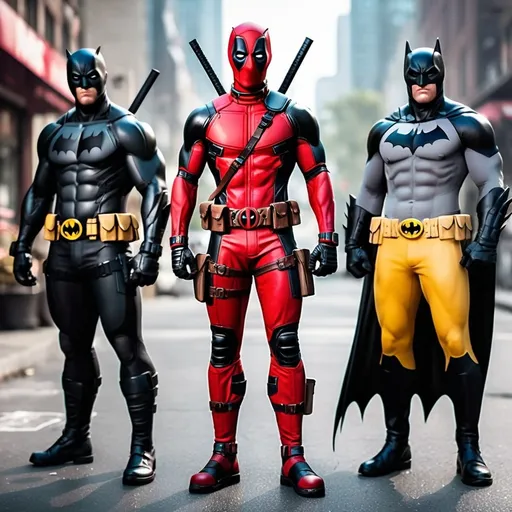 Prompt: Create an ultra-realistic, full-body image of a character fusion between Deadpool and Batman, displaying the character from head to toe. The fusion should blend the defining features and attire of both characters, showcasing a harmonious mix of costumes, colors, and attributes. Position the character in a confident stance, surrounded by an engaging background that reflects their combined essence. Ensure the lighting highlights the details of their outfit and expressions, capturing the cinematic feel of the character fusion