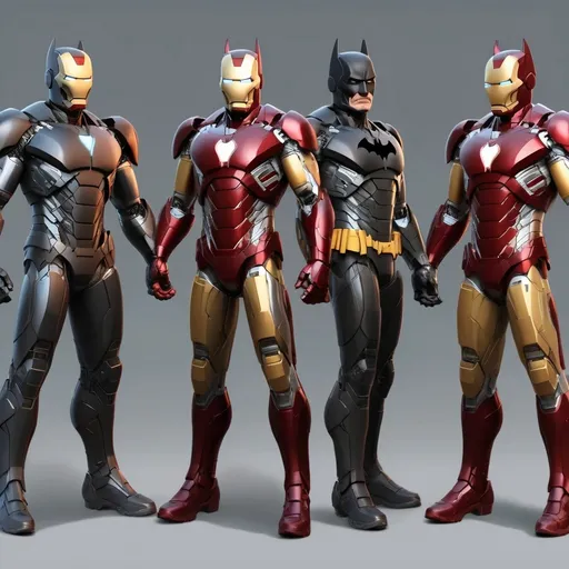 Prompt: Create an ultra-realistic, full-body image of a character fusion between Iron Man and Batman, displaying the character from head to toe. The fusion should blend the defining features and attire of both characters, showcasing a harmonious mix of costumes, colors, and attributes. Position the character in a confident stance, surrounded by an engaging background that reflects their combined essence. Ensure the lighting highlights the details of their outfit and expressions, capturing the cinematic feel of the character fusion