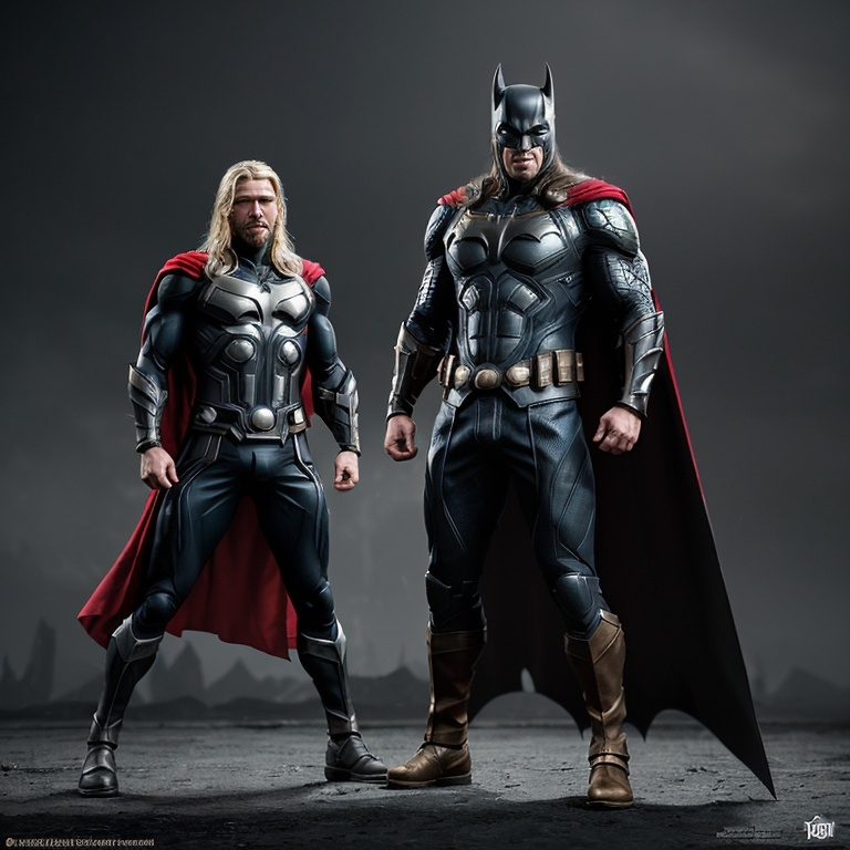 Prompt: Create an ultra-realistic, full-body image of a character fusion between Thor and Batman, displaying the character from head to toe. The fusion should blend the defining features and attire of both characters, showcasing a harmonious mix of costumes, colors, and attributes. Position the character in a confident stance, surrounded by an engaging background that reflects their combined essence. Ensure the lighting highlights the details of their outfit and expressions, capturing the cinematic feel of the character fusion