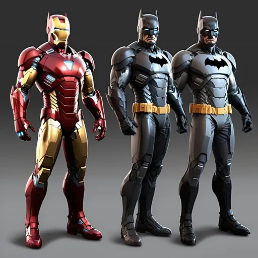 Prompt: Create an ultra-realistic, full-body image of a character fusion between Iron Man and Batman, displaying the character from head to toe. The fusion should blend the defining features and attire of both characters, showcasing a harmonious mix of costumes, colors, and attributes. Position the character in a confident stance, surrounded by an engaging background that reflects their combined essence. Ensure the lighting highlights the details of their outfit and expressions, capturing the cinematic feel of the character fusion