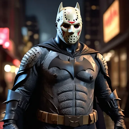 Prompt: Create an ultra-realistic, full-body image of a character fusion between Jason Voorhees and Batman, displaying the character from head to toe. The fusion should blend the defining features and attire of both characters, showcasing a harmonious mix of costumes, colors, and attributes. Position the character in a confident stance, surrounded by an engaging background that reflects their combined essence. Ensure the lighting highlights the details of their outfit and expressions, capturing the cinematic feel of the character fusion