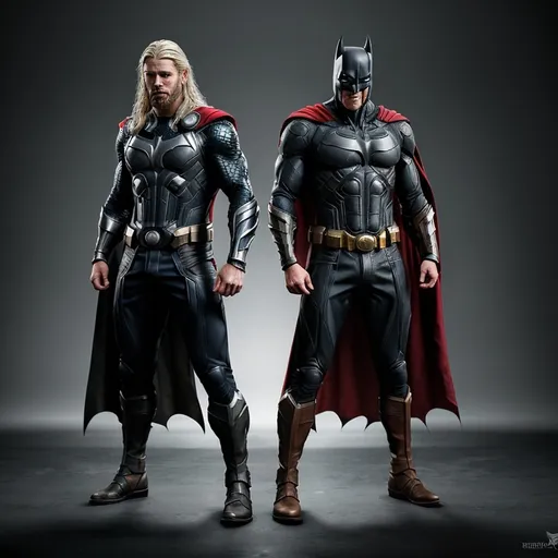 Prompt: Create an ultra-realistic, full-body image of a character fusion between Thor and Batman, displaying the character from head to toe. The fusion should blend the defining features and attire of both characters, showcasing a harmonious mix of costumes, colors, and attributes. Position the character in a confident stance, surrounded by an engaging background that reflects their combined essence. Ensure the lighting highlights the details of their outfit and expressions, capturing the cinematic feel of the character fusion