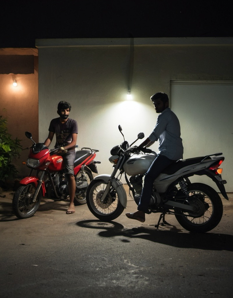 Prompt: a man sitting on a motorcycle in a driveway at night with a bright light shining on him and a motorcycle parked in the background, Bholekar Srihari, samikshavad, jayison devadas, a photocopy