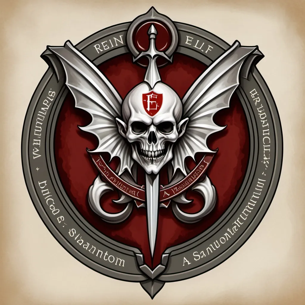 Prompt: A school crest emphasizing vampire /elf warrior and healing traits. Include words: Regime Academiae Bellatorum et Sanatorum