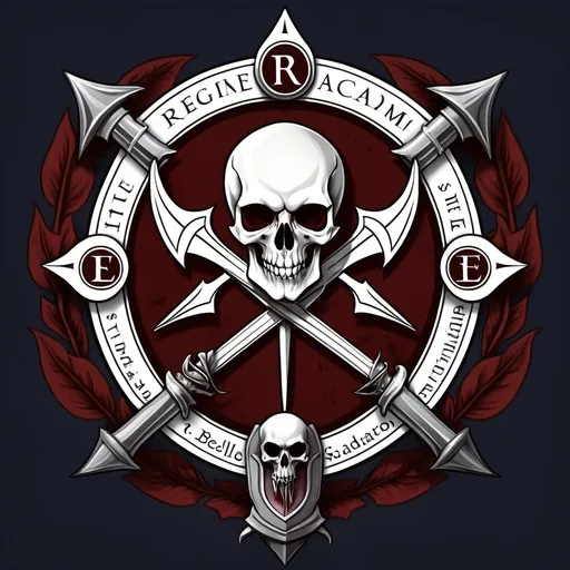 Prompt: A school crest emphasizing vampire /elf warrior and healing traits. Include words: Regime Academiae Bellatorum et Sanatorum. No skulls.