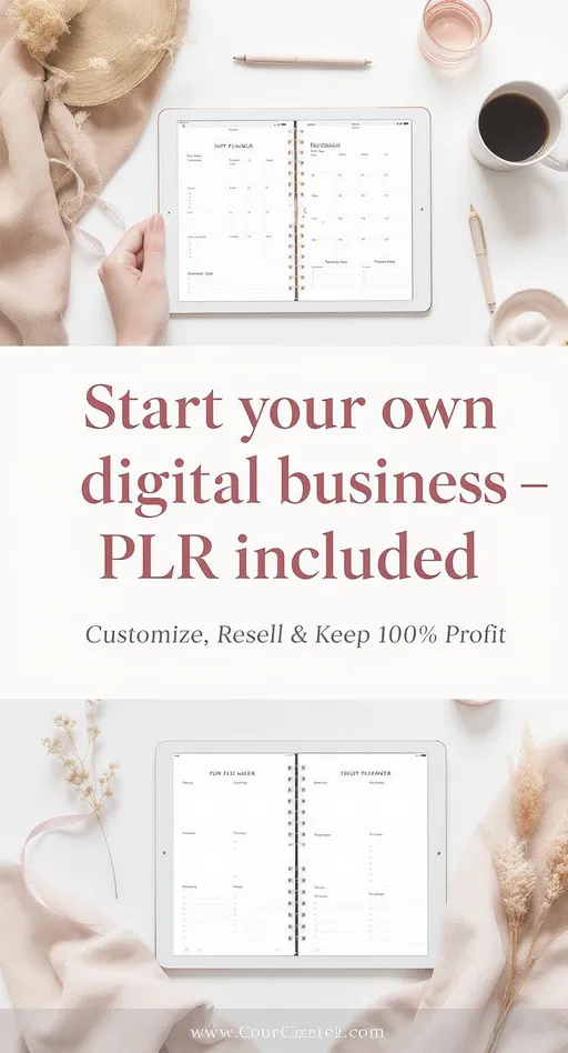 Prompt: “A modern, feminine flat lay featuring digital planners displayed on tablet and laptop screens. Soft, neutral colors like beige, blush, taupe, and white. Clean desk setup with a coffee cup, pen, dried flowers, and minimal decor. Bright, airy lighting. Add bold, elegant overlay text that says: ‘Start your own digital business – PLR included – Customize, Resell & Keep 100% Profit’. Style should be aesthetic, minimal, and perfect for marketing on Pinterest or TikTok.”

