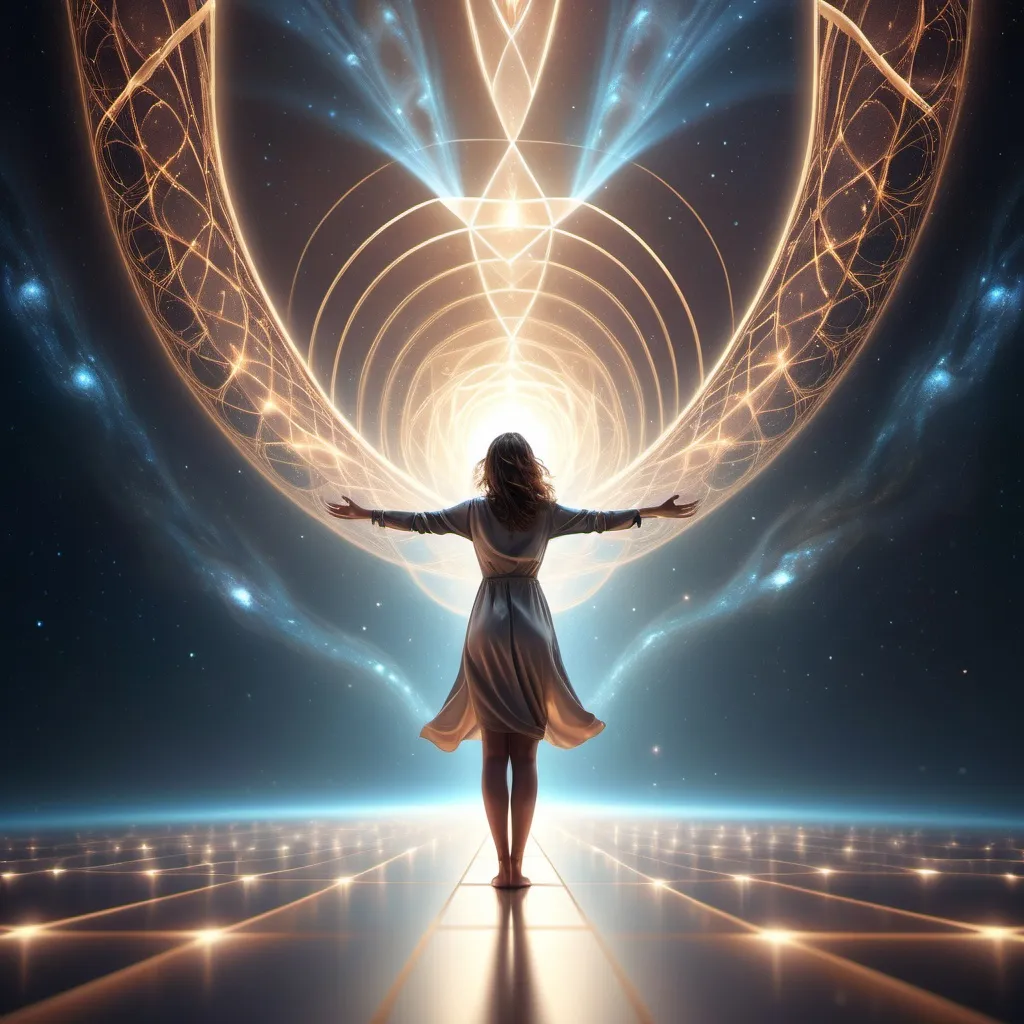 Prompt: woman standing on a wide light path in space, body of energy, seen from the back and arms open extended up in the sky, light shinging out or the hands, sacred geometry shining,Love energy, a masterpiece, 4k_resolution, fantasy_concept_art, intricately_detailed, deep_color, volumetric lighting,stunning, energy, textures, iridescent and luminescent, breathtaking beauty, pure perfection, divine presence, impressive,  Volumetric light, auras, rays