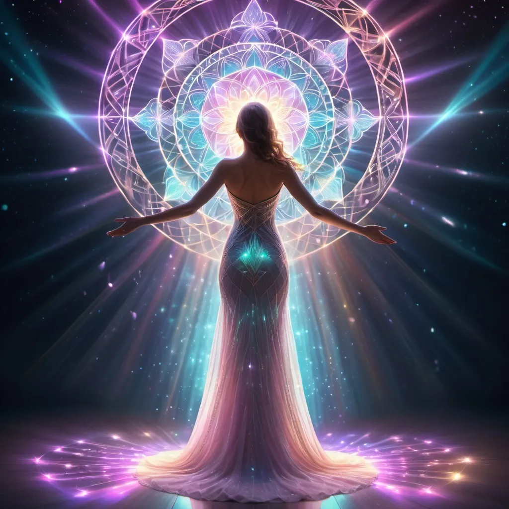 Prompt: sacred geometry shining, woman in iridescent dress standing on a fantastic path made of light in deep space,seen from behind and looking ahead., arms extended up in the sky, auras, rays,a masterpiece, 4k_resolution, fantasy_concept_art, dynamic_lighting, photorealistic, intricately_detailed, deep_color, stunning, iridescent and luminescent, breathtaking beauty, pure perfection, divine presence