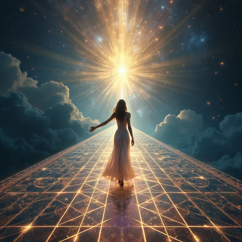 Prompt: detailed shining sacred geometry in deep space, woman in iridescent dress walking towards pattern on a fantastic path made of shining matrix , woman is seen from behind and looking ahead in far distance, arms extended up in the sky, auras, rays, gold and white light, a masterpiece, 4k_resolution, fantasy_concept_art, photorealistic, intricately_detailed, deep_color, stunning beauty, iridescent and luminescent, pure perfection, divine presence