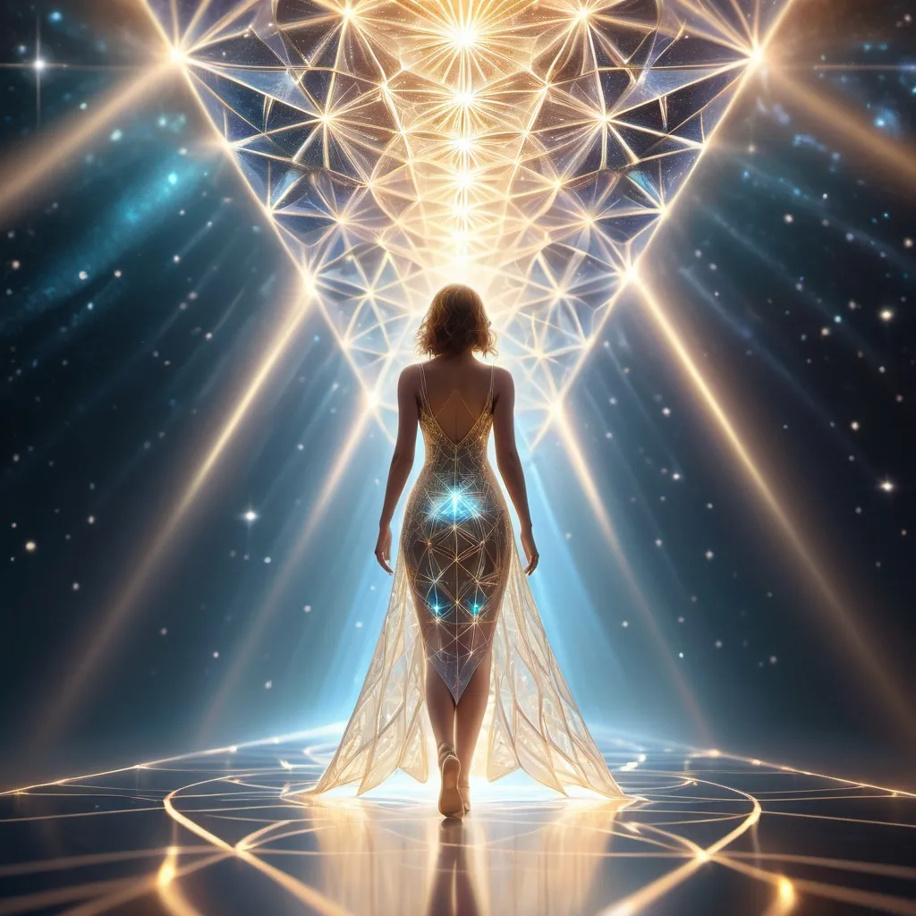 Prompt: detailed shining sacred geometry, woman in iridescent dress walking on a fantastic path made of a light matrix in deep space, woman is seen from behind and looking ahead in far distance, arms extended up in the sky, auras, rays, gold and white light, a masterpiece, 4k_resolution, fantasy_concept_art, photorealistic, intricately_detailed, deep_color, stunning beauty, iridescent and luminescent, pure perfection, divine presence