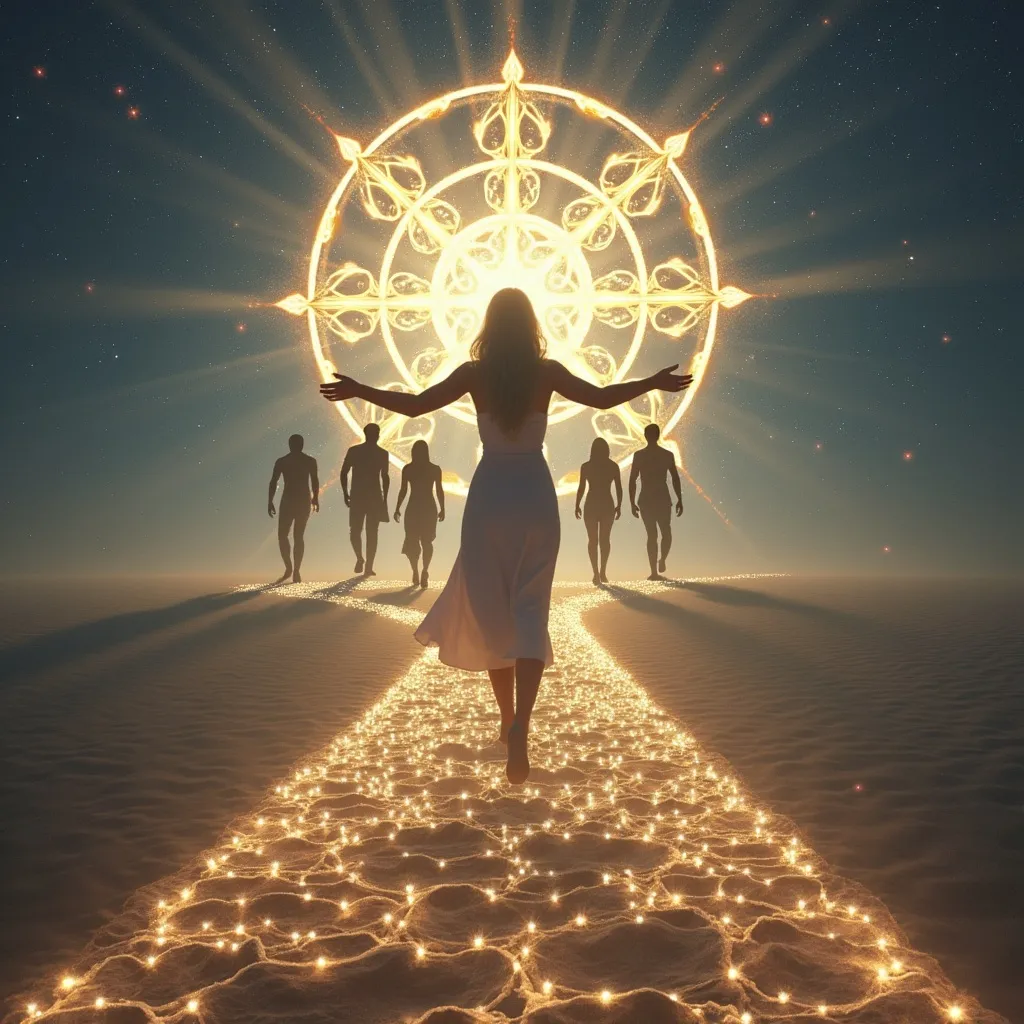 Prompt: woman together with five persons  walking on a path of light towards the same pattern of sacred geometry