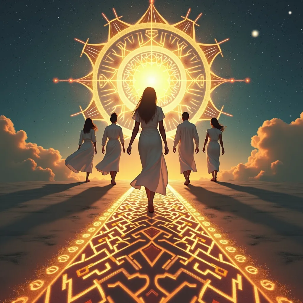 Prompt: woman together with five persons  walking together on a wide path of light towards the same pattern of sacred geometry