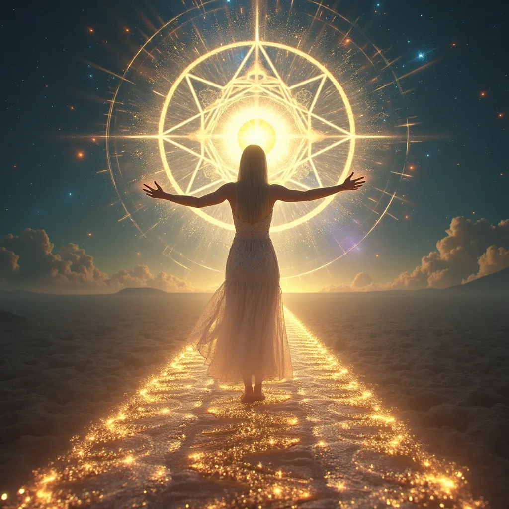 Prompt: detailed shining sacred geometry in deep space, woman in iridescent dress walking on a fantastic path made of shining matrix , woman is in far distance seen from behind and looking ahead at sacred geometriy , arms extended up in the sky with hands producing light, auras, rays, gold and white light, a masterpiece, 4k_resolution, fantasy_concept_art, photorealistic, intricately_detailed, deep_color, stunning beauty, iridescent and luminescent, pure perfection, divine presence